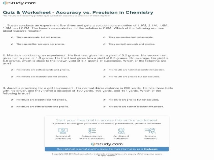 Worksheet on accuracy and precision