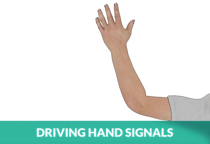 The drivers left arm and hand are extended upward