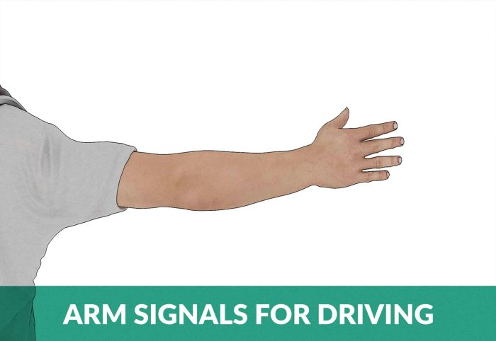 The drivers left arm and hand are extended upward